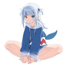 Rule 34 | 1girl, barefoot, blue eyes, blue hair, blue nails, blunt bangs, blush, butterfly sitting, closed mouth, collarbone, feet, fins, fish tail, gawr gura, gawr gura (1st costume), grey hair, hair ornament, highres, hololive, hololive english, hood, hood down, hoodie, kaniman, long hair, long sleeves, looking at viewer, multicolored hair, nail polish, shark girl, shark hair ornament, shark tail, simple background, sitting, sleeves past wrists, smile, solo, streaked hair, tail, thighs, toes, two side up, virtual youtuber, white background