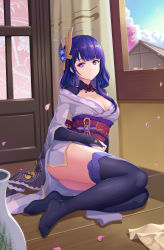Rule 34 | 1girl, absurdres, ass, black thighhighs, blue hair, blunt bangs, breasts, building, cherry blossoms, cleavage, closed mouth, cloud, curtains, day, dutch angle, expressionless, feet, genshin impact, grey kimono, hair ornament, highres, indoors, japanese clothes, kimono, large breasts, long hair, looking at viewer, mole, mole under eye, neck, off shoulder, petals, purple eyes, raiden shogun, see-through, see-through legwear, sitting, sky, thighhighs, toes, vase, window, yokozuwari