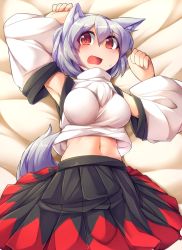 Rule 34 | 1girl, animal ears, blush, breasts, detached sleeves, female focus, fun bo, inubashiri momiji, large breasts, looking at viewer, lying, navel, on back, open mouth, red eyes, short hair, silver hair, skirt, solo, tail, tareme, touhou, wolf ears, wolf tail