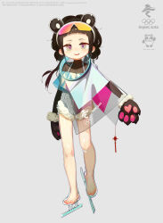 Rule 34 | 1girl, 2022 winter olympics, absurdres, animal ears, barefoot, bing dwen dwen, black hair, grey background, grey eyes, highres, open mouth, personification, see-through footwear, simple background, solo, standing, tianliang duohe fangdongye, toes