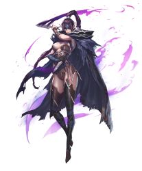 Rule 34 | 1girl, alpha transparency, artist request, black gloves, breasts, cape, chaos online, dagger, dual wielding, full body, gloves, highres, holding, knife, lips, long hair, official art, pointy ears, ponytail, purple hair, red eyes, reiden, single glove, solo, thighhighs, transparent background, weapon