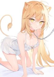 Rule 34 | 1girl, ahoge, all fours, animal ear fluff, animal ears, bare arms, bare legs, bare shoulders, breasts, chain, closed mouth, collar, crossed bangs, dress, feet out of frame, frilled dress, frills, highres, indie virtual youtuber, leash, lion ears, lion girl, lion tail, long hair, looking at viewer, rurudo lion, rurudo lion (1st costume), sidelocks, sleeveless, sleeveless dress, small breasts, solo, sundress, tail, tail raised, thighs, very long hair, virtual youtuber, white background, white dress, yellow eyes, yuzukicture