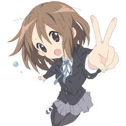 Rule 34 | 1girl, bad id, bad pixiv id, brown eyes, brown hair, core (mayomayo), female focus, hirasawa yui, jumping, k-on!, pantyhose, perspective, school uniform, short hair, simple background, solo, v, white background