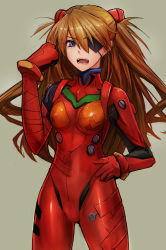 Rule 34 | &gt;:o, 10s, 1girl, :o, blue eyes, brown hair, cowboy shot, evangelion: 3.0 you can (not) redo, eyepatch, grey background, hair between eyes, hand on own hip, highres, legs apart, long hair, looking at viewer, md5 mismatch, neon genesis evangelion, open mouth, plugsuit, rebuild of evangelion, simple background, solo, souryuu asuka langley, standing, taishi (artist), taishi (picchiridou), two side up, v-shaped eyebrows, very long hair