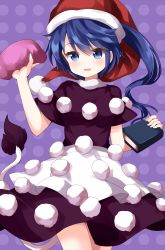 Rule 34 | 1girl, black dress, blob, blue eyes, blue hair, blush, book, breasts, commentary request, cowboy shot, doremy sweet, dress, hand up, hat, highres, holding, holding book, looking at viewer, medium breasts, multicolored clothes, multicolored dress, one side up, parted lips, polka dot, polka dot background, pom pom (clothes), purple background, ruu (tksymkw), santa hat, short hair, short sleeves, smile, solo, standing, tail, tapir tail, touhou, white dress