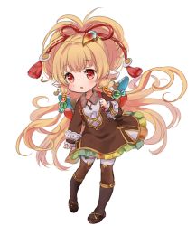 Rule 34 | 1girl, :o, animal ears, backpack, bag, blonde hair, blush, brown dress, brown footwear, brown thighhighs, commentary request, dress, full body, granblue fantasy, hair ornament, harvin, leaning to the side, long hair, long sleeves, mahira (granblue fantasy), nuno (pppompon), parted lips, red eyes, sandals, side ponytail, simple background, sleeves past wrists, solo, standing, thighhighs, very long hair, white background
