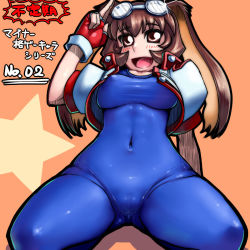 Rule 34 | 1girl, :d, animal ears, arm support, blue bodysuit, blush, bodysuit, brown eyes, brown hair, cameltoe, cleft of venus, collarbone, covered navel, cropped jacket, fingerless gloves, gloves, goggles, goggles on head, kneeling, looking at viewer, makihara arina, misonou hirokichi, open mouth, rabbit ears, red gloves, shadow, short hair, smile, solo, star (symbol), taut clothes, waku waku 7