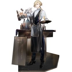 Rule 34 | 1boy, alcohol, apron, bartender, black apron, black pants, blonde hair, blue eyes, bottle, braid, cocktail shaker, collared shirt, dress shoes, earrings, full body, game cg, gin (neural cloud), girls&#039; frontline, girls&#039; frontline neural cloud, hair between eyes, hair over shoulder, highres, holding, holding tray, jewelry, jigger, looking at viewer, male focus, menu board, mole, mole under eye, official art, pants, ponytail, shirt, short hair, sleeves rolled up, smile, solo, spoon, transparent background, tray, vest, white shirt