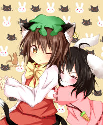 Rule 34 | &gt; &lt;, 2girls, :3, ;&lt;, > <, ahoge, animal ears, artist name, black hair, blush, bow, brown hair, carrot necklace, cat ears, cat tail, chen, dress, earrings, closed eyes, hat, highres, hug, hug from behind, inaba tewi, jewelry, long sleeves, mob cap, multiple girls, multiple tails, necklace, nyaku, one eye closed, orange eyes, patterned background, pendant, pink dress, rabbit ears, short hair, short sleeves, single earring, skirt, skirt set, tail, touhou, x3, yellow background