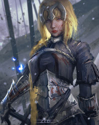 Rule 34 | 1girl, arm at side, armor, armored dress, artist name, battlefield, blonde hair, blood, blood on clothes, blurry, blurry background, braid, bug, butterfly, fate/apocrypha, fate (series), gauntlets, glowing, glowing butterfly, highres, insect, jeanne d&#039;arc (fate), jeanne d&#039;arc (ruler) (fate), looking at viewer, purple eyes, realistic, serious, solo, upper body, zed (trungbui42)
