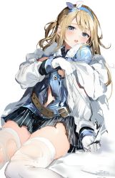 Rule 34 | 1girl, bad id, bad twitter id, belt, blonde hair, blue eyes, blush, coat, dated, fur trim, girls&#039; frontline, gloves, hairband, half-closed eyes, highres, long hair, looking at viewer, miniskirt, open mouth, sidelocks, sitting, skirt, solo, suomi (girls&#039; frontline), tears, thighhighs, thighs, torn clothes, torn skirt, torn thighhighs, two side up, umibouzu (niito), uniform, white gloves