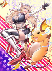 Rule 34 | 10s, 1girl, :d, american flag, american flag legwear, arm up, armpits, asymmetrical legwear, bare shoulders, black gloves, blonde hair, blue eyes, breasts, cleavage, creatures (company), crossover, elbow gloves, electricity, fingerless gloves, flag background, flag print, front-tie top, game freak, gen 1 pokemon, gloves, hair between eyes, headgear, highres, iowa (kancolle), kantai collection, large breasts, long hair, looking away, masayoshi, miniskirt, mismatched legwear, nintendo, open mouth, outstretched arm, poke ball, pokemon, pokemon (creature), print legwear, raichu, skirt, smile, star-shaped pupils, star (symbol), striped clothes, striped thighhighs, symbol-shaped pupils, thighhighs, vertical-striped clothes, vertical-striped thighhighs, zettai ryouiki