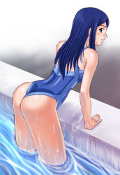 Rule 34 | 00s, 1girl, arm support, ass, bent over, blue hair, blue one-piece swimsuit, from above, green eyes, kuga natsuki, long hair, looking back, my-hime, my-otome, natsuki kruger, one-piece swimsuit, pool, poolside, solo, standing, swimsuit, tonbidou, wading, water, wedgie, wet