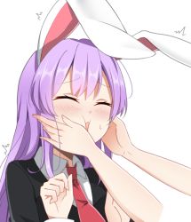 Rule 34 | 1girl, ^^^, animal ears, bad id, bad pixiv id, black jacket, blazer, blush, cheek squash, closed eyes, commentary request, hair between eyes, hands on another&#039;s cheeks, hands on another&#039;s face, jacket, long hair, necktie, open mouth, out of frame, purple hair, rabbit ears, red necktie, reisen udongein inaba, simple background, solo focus, sweat, touhou, upper body, white background, wing collar, xialuluo (sharuro)