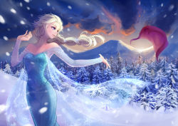 Rule 34 | 1girl, bare shoulders, blue dress, blue eyes, braid, cape, cloud, dress, elsa (frozen), evening, forest, frozen (disney), glitter, looking back, mountain, nature, parted lips, sequins, silversirius, single braid, snow, snowflakes, solo, tree, white hair, wind