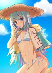 Rule 34 | 1girl, absurdres, arm between legs, ban hada, basijiu er, bikini, blue capelet, blue eyes, blue hair, blush, breasts, capelet, cleavage, cloud, commentary, english commentary, food, food in mouth, hat, highres, in mouth, long hair, looking down, mixed-language commentary, navel, nijisanji, nijisanji kr, popsicle, popsicle in mouth, side-tie bikini bottom, sitting, sky, small breasts, solo, straw hat, string bikini, swimsuit, virtual youtuber, white bikini
