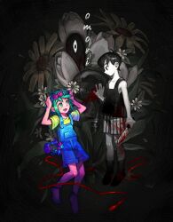 Rule 34 | 2boys, 9twoeight, absurdres, arms up, barefoot, basil (headspace) (omori), basil (omori), black socks, blood, blood on clothes, bloody knife, blue overalls, blush, closed mouth, colored skin, expressionless, flower, green eyes, green hair, green shirt, head wreath, highres, jump rope, knife, light bulb, looking at viewer, multiple boys, omori, omori (omori), open mouth, overall shorts, overalls, shirt, short hair, short sleeves, shorts, smile, socks, something (omori), spoilers, sunflower, tank top, white skin