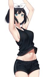 Rule 34 | 1girl, :/, absurdres, armpits, arms up, black hair, black shorts, black tank top, bow, bow hairband, breasts, closed mouth, double-parted bangs, green eyes, groin, hair between eyes, hairband, highres, large breasts, light blush, looking up, navel, original, short hair, short shorts, shorts, sideboob, simple background, solo, tank top, white background, white bow, white hairband, zero0ex