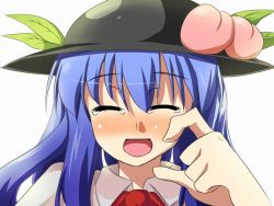 Rule 34 | 1girl, binsen, blush, female focus, hat, hinanawi tenshi, laughing, simple background, solo, tears, touhou, white background