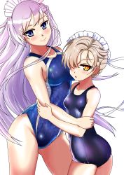 Rule 34 | 2girls, absurdres, aiuti, azur lane, belfast (azur lane), blue eyes, blue one-piece swimsuit, braid, breasts, collarbone, commentary request, competition swimsuit, cowboy shot, french braid, hair over one eye, highres, hug, long hair, looking at viewer, maid headdress, medium breasts, multiple girls, old school swimsuit, one-piece swimsuit, one side up, purple hair, school swimsuit, sheffield (azur lane), simple background, small breasts, smile, swimsuit, white background, white hair, yellow eyes, aged down