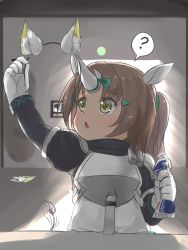 Rule 34 | 1girl, animal ears, arknights, armor, baigao, bandaid, bandaid on face, bandaid on nose, blush stickers, brown hair, bubble (arknights), highres, horns, long hair, ponytail, single horn, solo