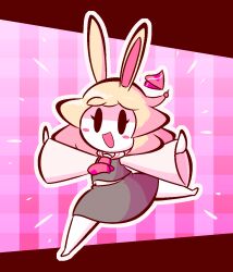 Rule 34 | 1girl, :d, black eyes, blonde hair, blush stickers, checkered background, chibi, eyelashes, hair ribbon, long ears, long hair, long sleeves, open mouth, outstretched arms, pink background, rabbit ears, ribbon, rumia, shirt, skirt, smile, solid oval eyes, standing, standing on one leg, touhou, wide sleeves, woah maaan