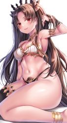 Rule 34 | 1girl, anklet, armlet, asymmetrical sleeves, bare shoulders, bikini, black bikini, black ribbon, blush, breasts, bridal gauntlets, brown hair, cleavage, crown, detached collar, earrings, fate/grand order, fate (series), hair ribbon, highres, hoop earrings, ishtar (fate), jewelry, long hair, looking at viewer, medium breasts, mismatched bikini, nano (syoutamho), navel, open mouth, parted bangs, red eyes, ribbon, simple background, sitting, smile, solo, swimsuit, thick thighs, thighhighs, thighs, tiara, two side up, uneven sleeves, very long hair, wariza, white background, white bikini