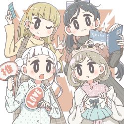 Rule 34 | 4girls, arashi chisato, bird, black eyes, black hair, blonde hair, blue bow, bow, brown hair, comb, commentary request, double bun, dress, east sha2, hair behind ear, hair bow, hair bun, hairband, hazuki ren, heanna sumire, holding, holding clothes, holding comb, holding dress, holding sign, long hair, looking to the side, love live!, love live! superstar!!, m/, manmaru (love live!), multicolored hair, multiple girls, official art, orange hairband, owl, pink dress, pink hair, pout, short hair, sign, streaked hair, sweater, tang keke, twintails, v-shaped eyebrows, white hair, white sweater