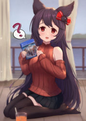Rule 34 | 1girl, :d, ?, animal ears, black hair, black skirt, black thighhighs, blurry, blurry background, blurry foreground, bow, clothing cutout, commentary request, cup, curtains, depth of field, drink, drinking glass, drinking straw, erune, female focus, full body, granblue fantasy, granblue fantasy versus, hair bow, highres, holding, indoors, long hair, long sleeves, looking at viewer, nier (granblue fantasy), no shoes, on floor, open mouth, plant, pleated skirt, red eyes, red sweater, ribbed sweater, shoulder cutout, sitting, skirt, sky, sleeves past wrists, smile, solo, spoken question mark, striped, striped bow, sweater, thighhighs, uneg, very long hair, wariza, water, window, wooden floor