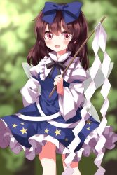 Rule 34 | 1girl, :d, black ribbon, blue bow, blue dress, blurry, blurry background, blush, bow, brown hair, commentary request, cosplay, dress, frilled shirt collar, frills, gohei, hair between eyes, hair bow, hakurei reimu, highres, holding, holding stick, long hair, open mouth, outdoors, petticoat, pink eyes, ribbon, ruu (tksymkw), smile, solo, star sapphire, star sapphire (cosplay), stick, touhou