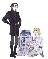 Rule 34 | 1girl, 2boys, anakin skywalker, android, animification, boots, droid, expressionless, father and son, happy, highres, jedi, luke skywalker, multiple boys, r2-d2, robot, scar, scar across eye, simple background, skdlfjgrp, smile, star wars, star wars: a new hope, star wars: revenge of the sith, time paradox, white background