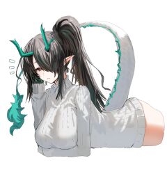 Rule 34 | 1girl, arknights, black hair, breasts, closed mouth, commentary request, dragon girl, dragon horns, dragon tail, dusk (arknights), green horns, hair over one eye, head rest, horn/wood, horns, large breasts, long hair, looking at viewer, lying, on stomach, pointy ears, ponytail, red eyes, ribbed sweater, simple background, solo, sweater, tail, turtleneck, turtleneck sweater, white background, white sweater