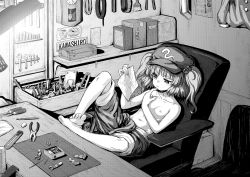 Rule 34 | 1girl, barefoot, box, breasts, casual nudity, chair, clock, collarbone, desk, feet, feet on table, feet together, flat chest, greyscale, hacksaw, hair bobbles, hair ornament, hat, hisou tensoku, itou yuuji, kawashiro nitori, lamp, monochrome, navel, nipples, pants, paper, pliers, saw, screwdriver, sitting, small breasts, solo, toes, tools, topfreedom, topless, touhou, twintails, two side up, unworn shirt, workshop, wrench