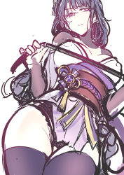 Rule 34 | 1girl, black thighhighs, breasts, eyebrows hidden by hair, fei luo mao, femdom, genshin impact, hair ornament, highres, holding, holding weapon, holding whip, japanese clothes, kimono, looking at viewer, looking down, purple eyes, purple hair, raiden shogun, simple background, solo, thighhighs, weapon, whip, white background