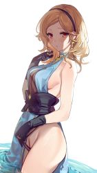 Rule 34 | 1girl, aki663, backless dress, backless outfit, bare shoulders, black gloves, blonde hair, blue dress, breasts, clothing aside, cowboy shot, djeeta (granblue fantasy), dress, dress aside, earrings, gloves, granblue fantasy, groin, hairband, halter dress, halterneck, hand up, highres, jewelry, looking at viewer, medium breasts, medium hair, official alternate costume, parted bangs, partially submerged, pelvic curtain, red eyes, sideboob, solo, thighs, water