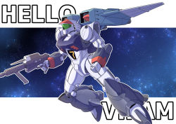 Rule 34 | absurdres, assault visor, character name, clenched hand, flying, from side, ginga hyouryuu vifam, gun, highres, holding, holding gun, holding weapon, kaneko naoya, mecha, robot, science, solo, song name, space, vernier thrusters, vifam, weapon