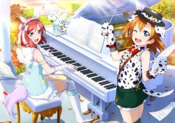 Rule 34 | 2girls, animal ears, animal hands, artist request, asymmetrical legwear, bare shoulders, blue eyes, blush, boots, bow, dalmatian, dog ears, dog tail, fake animal ears, fingerless gloves, flower, frills, gloves, hair bow, hat, highres, holding, instrument, kosaka honoka, leaf, looking at viewer, love live!, love live! school idol festival, love live! school idol project, mismatched legwear, multiple girls, music, nishikino maki, official art, one eye closed, one side up, open mouth, orange hair, outdoors, paw gloves, piano, playing instrument, purple eyes, sheet music, short hair, shorts, sitting, sleeveless, smile, star (symbol), suspenders, tail, thighhighs, unicorn, wings