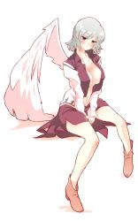 Rule 34 | 1girl, blush, breasts, brown eyes, cleavage, collarbone, covered erect nipples, dress, highres, invisible chair, kishin sagume, large breasts, no bra, no socks, non (z-art), open clothes, shoes, silver hair, simple background, single wing, sitting, skirt, solo, thighs, touhou, white background, wings