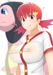 Rule 34 | 1girl, :p, blue eyes, blush, breasts, covered erect nipples, creatures (company), game freak, gen 2 pokemon, guchiota field, gym leader, heart, large breasts, licking lips, looking at viewer, miltank, nintendo, no bra, npc trainer, pink eyes, pink hair, pokemon, pokemon (creature), pokemon hgss, see-through, short sleeves, short twintails, simple background, smile, tongue, tongue out, twintails, upper body, white background, whitney (pokemon)