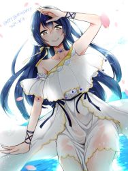 Rule 34 | 1girl, arm up, birthday, blue hair, choker, commentary request, dress, frilled dress, frills, happy birthday, indo curry, long hair, looking at viewer, love live!, love live! school idol festival, love live! school idol project, petals, ribbon, see-through, simple background, smile, solo, sonoda umi, star (symbol), white dress, wristband, yellow eyes