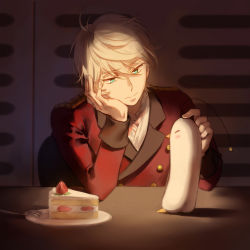 Rule 34 | 10s, 1boy, aldnoah.zero, aqua eyes, blonde hair, buttons, cake, cake slice, closed mouth, double-breasted, food, fork, fruit, hair between eyes, hands on own cheeks, hands on own face, head rest, headpat, indoors, jacket, kanmuri (hanyifan30338), long sleeves, looking at another, male focus, military, military uniform, plate, red jacket, shadow, slaine troyard, smile, strawberry, table, uniform, upper body