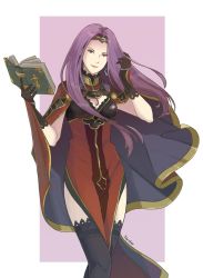 Rule 34 | 1girl, armor, artist request, black gloves, breasts, cape, cleavage, dress, earrings, fire emblem, fire emblem echoes: shadows of valentia, gloves, highres, jewelry, long hair, nintendo, purple eyes, purple hair, smile, solo, sonya (fire emblem gaiden), thighhighs, tiara