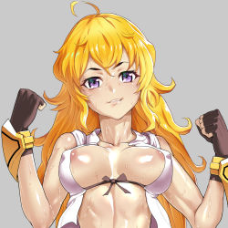 Rule 34 | 1girl, ahoge, areola slip, bare shoulders, blonde hair, breasts, clenched hands, don (rg06268), ember celica (rwby), fingerless gloves, gloves, grey background, large breasts, long hair, looking at viewer, purple eyes, rwby, simple background, yang xiao long
