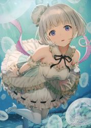 Rule 34 | 1girl, absurdres, bare shoulders, blue eyes, breasts, circle skirt, cleavage, collarbone, detached collar, detached sleeves, dress, freediving, frilled dress, frills, hat, high heels, highres, hyuuga azuri, jellyfish, looking at viewer, medium breasts, mini hat, original, pantyhose, parted lips, scan, short hair, short sleeves, signature, silver hair, solo, tilted headwear, underwater, water, white dress, white footwear, white hat, white pantyhose