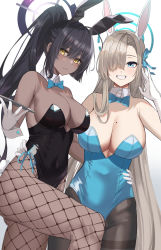 Rule 34 | 2girls, animal ears, aqua leotard, asuna (blue archive), asuna (bunny) (blue archive), bare shoulders, black bow, black bowtie, black hair, black leotard, blue archive, blue bow, blue bowtie, blue eyes, blue leotard, bow, bowtie, breasts, cleavage, closed mouth, collarbone, commentary, covered navel, cowboy shot, dark-skinned female, dark skin, detached collar, fake animal ears, fishnet legwear, fishnets, gaitoou, gloves, gradient background, gradient hair, hair over one eye, halo, hand around waist, hand on another&#039;s hip, high ponytail, highleg, highleg leotard, highres, holding, holding tray, karin (blue archive), karin (bunny) (blue archive), large breasts, leg up, leotard, light brown hair, long hair, looking at viewer, mole, mole on breast, mole under mouth, multicolored hair, multiple girls, official alternate costume, open mouth, pantyhose, parted bangs, playboy bunny, purple hair, rabbit ears, rabbit tail, side-tie leotard, simple background, standing, standing on one leg, strapless, strapless leotard, swept bangs, tail, traditional bowtie, tray, very long hair, white background, white gloves, yellow eyes