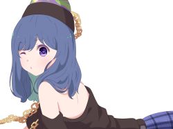 Rule 34 | 1girl, bare shoulders, belt, black belt, black shirt, blue hair, blue skirt, blush, breasts, chain, commentary, earth (ornament), green hair, heart, heart-shaped pupils, hecatia lapislazuli, hecatia lapislazuli (earth), highres, long hair, looking at viewer, lying, medium breasts, multicolored hair, off-shoulder shirt, off shoulder, on stomach, one eye closed, parted lips, plaid, plaid skirt, purple eyes, shirt, short sleeves, simple background, skirt, solo, symbol-shaped pupils, touhou, upper body, white background, yukome