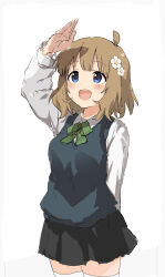 Rule 34 | 1girl, absurdres, aged up, ahoge, arm behind back, blush, brown hair, commentary request, green ribbon, highres, idolmaster, idolmaster million live!, looking afar, looking up, medium hair, neck ribbon, rauto, ribbon, round teeth, school uniform, simple background, smile, solo, suou momoko, teeth, thighhighs, white background, zettai ryouiki