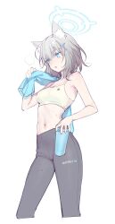 Rule 34 | 1girl, animal ear fluff, animal ears, black pants, blue archive, blue eyes, blue halo, blue towel, blush, breasts, cleavage, collarbone, cropped legs, cross hair ornament, extra ears, feet out of frame, grey hair, hair ornament, halo, highres, holding, medium breasts, medium hair, navel, open mouth, oyabuli, pants, shiroko (blue archive), simple background, solo, sweat, tank top, towel, white background, white tank top, wolf ears
