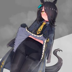 Rule 34 | 1girl, animal ears, bad id, bad pixiv id, black hair, blush, commentary request, gloves, hair over one eye, horse ears, horse girl, horse tail, lifting own clothes, looking away, manhattan cafe (umamusume), navel, necktie, panties, panties under pantyhose, pantyhose, simple background, solo, special cat, tail, umamusume, underwear, yellow eyes