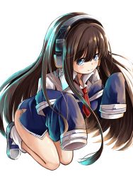 Rule 34 | 1girl, azur lane, blue eyes, brown hair, commentary request, full body, headphones, highres, long hair, long island (azur lane), long sleeves, looking at viewer, necktie, rorimo, shirt, sleeves past wrists, smile, solo, very long hair, white background, white legwear